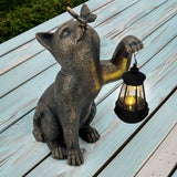 Solar LED Lantern Kitty Cat Garden Statue with Butterfly, Bronze Polyresin Outdoor Cat Figurine