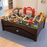 KidKraft Metropolis Wooden Train Set & Table – Elevated Track, Magnetic Train & Storage Drawer, Espresso