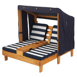 KidKraft Wooden Outdoor Double Chaise Lounge – Canopy, 2 Cup Holders & Storage, Honey & Navy