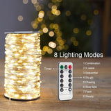 Plug-In Fairy Lights 100 ft – 300 LED Waterproof Silver Wire String Lights with Remote