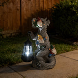 12.3" Solar Dinosaur Eating Gnomes Garden Statue, Sculpture with LED Lantern