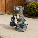 12.3" Solar Dinosaur Eating Gnomes Garden Statue, Sculpture with LED Lantern