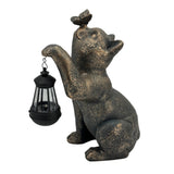 Solar LED Lantern Kitty Cat Garden Statue with Butterfly, Bronze Polyresin Outdoor Cat Figurine