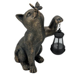 Solar LED Lantern Kitty Cat Garden Statue with Butterfly, Bronze Polyresin Outdoor Cat Figurine