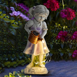 Solar Watering Girl Garden Statue with Fairy Lights, 12.6" Resin Outdoor Garden Décor