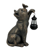 Solar LED Lantern Kitty Cat Garden Statue with Butterfly, Bronze Polyresin Outdoor Cat Figurine