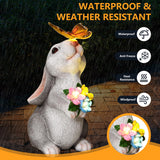 8.8" Solar Rabbit Garden Statue with 5 LED Lights, Hand-Painted Resin Bunny with Butterfly