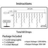 360 LED Icicle Christmas Lights, 29.5 ft Connectable Waterproof Curtain String Lights