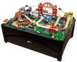 KidKraft Metropolis Wooden Train Set & Table – Elevated Track, Magnetic Train & Storage Drawer, Espresso