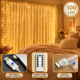 9.8 ft. × 9.8 ft. Warm White LED Curtain Lights – 300 LEDs, USB Power & Remote