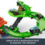 Hot Wheels Monster Trucks Sharks vs. Dinos Dragon Destruction Racing Set, 1 Playset + 2 Trucks