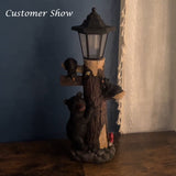 19" Solar Bear Family Welcome Garden Statue, Resin Bear Tree Sculpture with LED Lights