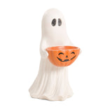 13.7" Halloween Ghost Figurine with Pumpkin Candy Bowl, Resin Treat Holder Decor