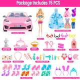 76-Piece Doll and Pink Convertible Car Playset with 11.5" Fashion Doll, Clothes and Accessories