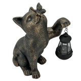Solar LED Lantern Kitty Cat Garden Statue with Butterfly, Bronze Polyresin Outdoor Cat Figurine