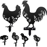 6-Pc Metal Chicken Yard Art Garden Stakes, Black Rooster, Hen & Chicks Silhouette Set