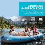 Intex Excursion Inflatable 4 People Boat Set with Oars, Pump, Fishing Rod Holders & Motor Mount Fittings