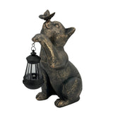 Solar LED Lantern Kitty Cat Garden Statue with Butterfly, Bronze Polyresin Outdoor Cat Figurine