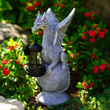 11.81" Solar Dragon on Crystal Ball Statue, Resin Garden Figurine with LED Lantern