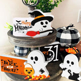 Set of 3 Halloween Wooden Ghost Tabletop Decor, Rustic Farmhouse Tiered Tray
