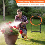Heavy Duty Freestanding Garden Hose Holder – Metal Hose Stand with 4 Ground Spikes & 2 Tool Hooks, Holds Up to 150 ft. Hose