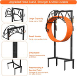 Heavy Duty Freestanding Garden Hose Holder – Metal Hose Stand with 4 Ground Spikes & 2 Tool Hooks, Holds Up to 150 ft. Hose