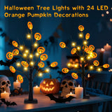 24" Black Halloween Tree with Pumpkin Ornaments – 24 LED Warm White Tabletop Halloween Decoration