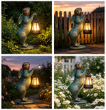 Solar Rabbit Garden Statue with Lantern, Bronze Resin Bunny Outdoor Décor