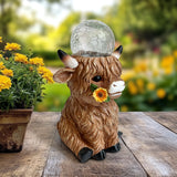 HONGLAND 10" Solar Highland Cow Garden Statue, Weatherproof Resin Cow Sculpture