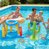 Pool Toys Games Set, 3-in-1 Inflatable Pool Basketball Hoop, Ring Toss & Cactus Water Game Set