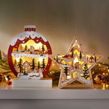 11" H Wooden Christmas Light Up Icons Star and Ornament 3D LED Statues, Set of 2