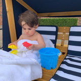 KidKraft Wooden Outdoor Double Chaise Lounge – Canopy, 2 Cup Holders & Storage, Honey & Navy