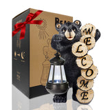 Solar Welcome Bear Garden Statue with Lantern, 11.4" Black Resin Bear Outdoor Welcome Sign