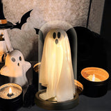 Halloween Light-Up Ghost Cloche Decoration 8.3", Handmade LED Tabletop Decor