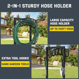 Garden Metal Hose Holder with 4 Ground Spikes & 2 Tool Hooks – Heavy Duty Freestanding Hose Stand for Up to 150 ft. Hose