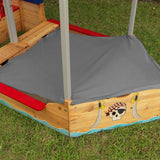 KidKraft Wooden Pirate Sandboat Sandbox – Canopy, Seats, Storage, Liner & Mesh Cover, Blue & Red