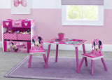 4-Piece Disney Minnie Mouse Wooden Toddler Playroom Set – Pink Table, 2 Chairs & 6-Bin Toy Organizer
