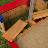KidKraft Wooden Pirate Sandboat Sandbox – Canopy, Seats, Storage, Liner & Mesh Cover, Blue & Red