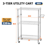 3-Tier Rolling Wire Storage Rack – Adjustable Metal Shelving Cart with Wheels, 29.9" × 13" × 36.6"