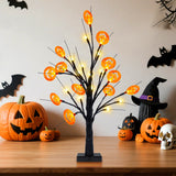 24" Black Halloween Tree with Pumpkin Ornaments – 24 LED Warm White Tabletop Halloween Decoration