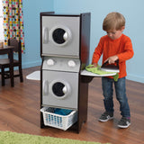 KidKraft Wooden Laundry Playset – Stacking Washer & Dryer, Iron, Basket & Chalkboard, Espresso