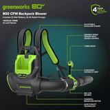 Greenworks 80V Cordless Backpack Leaf Blower with 4Ah Battery Rapid Charger & Leaf Tarp