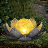 2 Pack Solar Lotus Garden Light – Rusted Bronze Metal Flower with Cracked Glass LED Globe