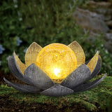 2 Pack Solar Lotus Garden Light – Rusted Bronze Metal Flower with Cracked Glass LED Globe