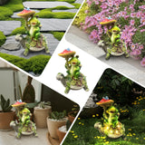 Solar Turtle & Frog Garden Statue, 9.4" Resin Outdoor Sculpture with Warm LED Mushroom Light