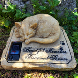 Solar Cat Memorial Garden Stone with Sleeping Cat Statue, 8" Resin Pet Grave Marker, Auto-Glow Sympathy Memorial
