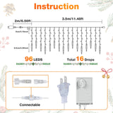 11.5 ft Christmas Icicle String Lights with 96 LEDs, 16 Drops and 8 Lighting Modes
