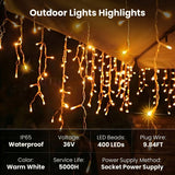 Outdoor LED Icicle String Lights – 32.8 ft, 400 LED Curtain Lights