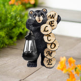 Solar Welcome Bear Garden Statue with Lantern, 11.4" Black Resin Bear Outdoor Welcome Sign
