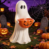 13.7" Halloween Ghost Figurine with Pumpkin Candy Bowl, Resin Treat Holder Decor